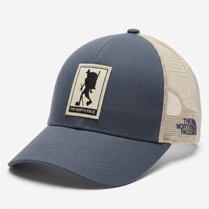 The North Face “Keep It Patched” FlexFit Trucker Hat Cap Blue Mesh Stretch Back